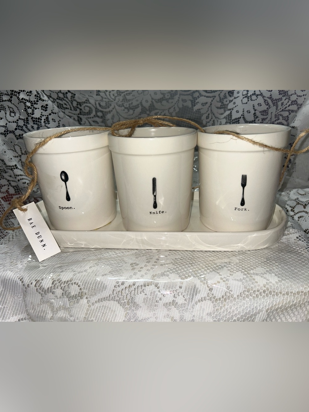Rae Dunn 4 PC Ceramic Utensil Organizer SET & Tray Retired NEW